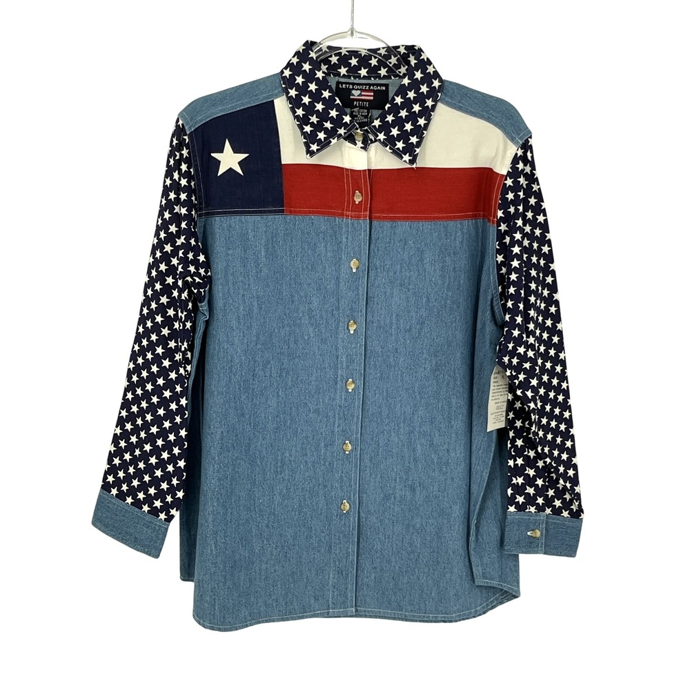 Lets Quizz Again Women Patriotic Denim Shirt L Petite Retro Western Cowgirl NWT